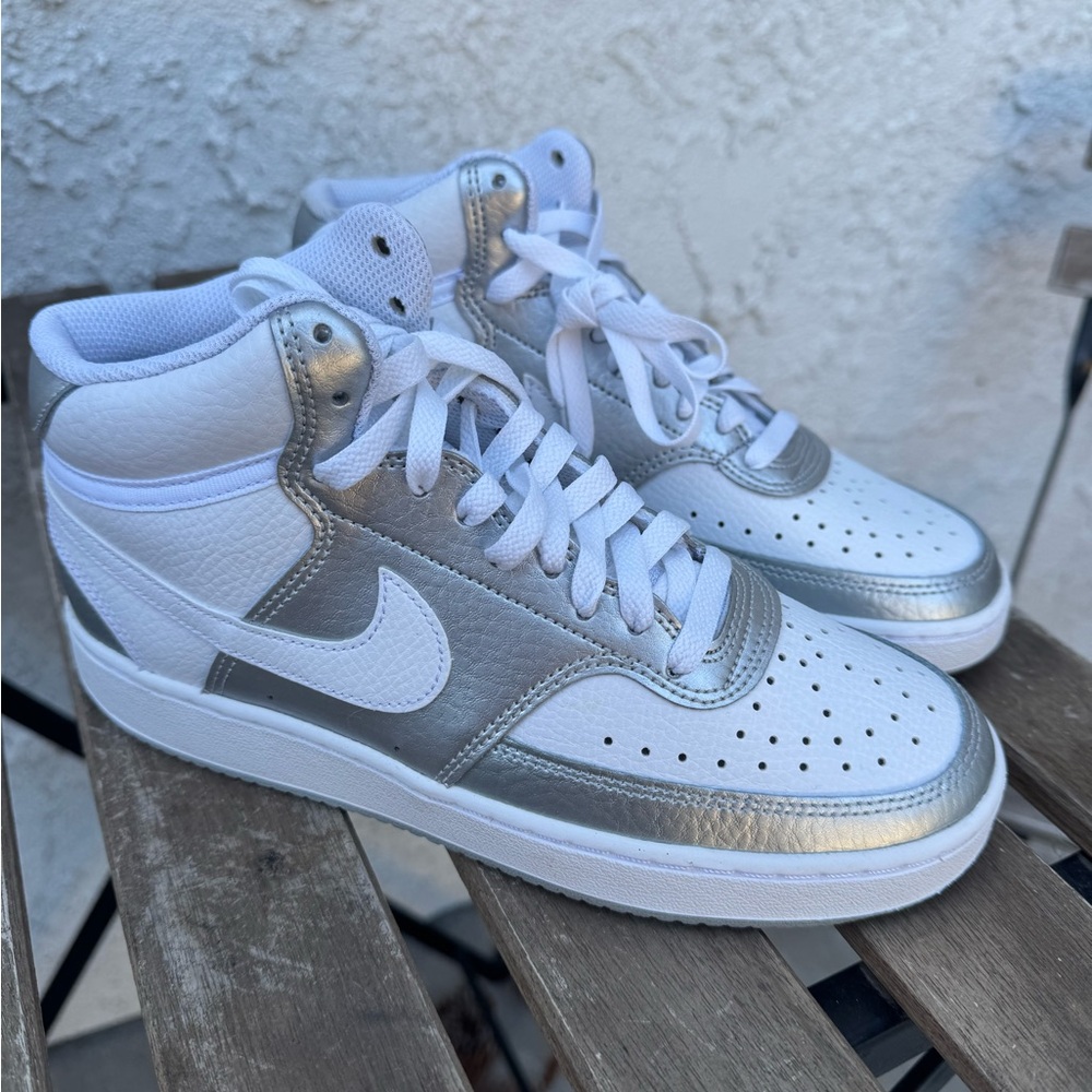 Nike Women's Court Vision Mid Sneakers in White and Metallic Silver Size 7.5